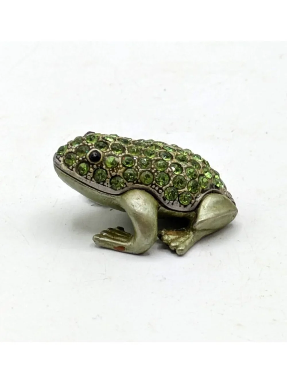 Enamel and Jeweled Frog Trinket Box Hinged Green Rhinestones Ladybug Inside 1.5